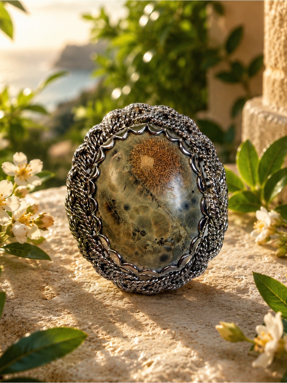 Sterling Silver Fossilized Coral Ocean Jasper Cocktail Statement Ring Size 7